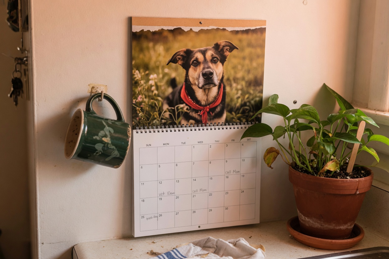 A calendar hanging in a kitchen
