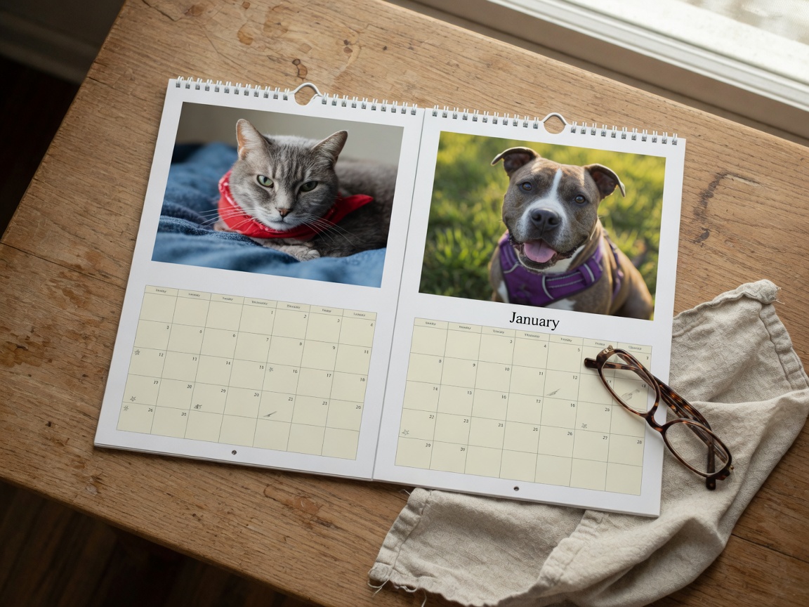 A printed pet calendar on a table